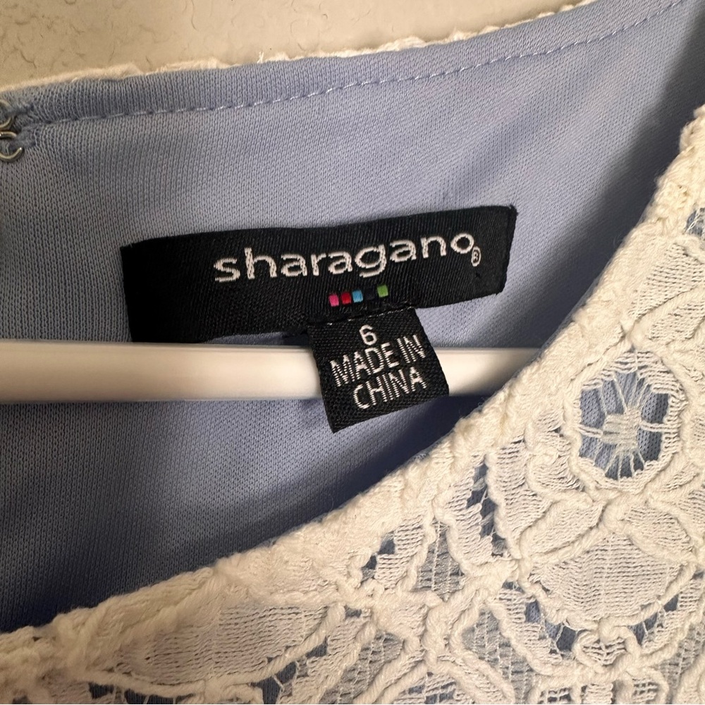 Sharagano White Cottagecore Crochet Lace Dress with Light Blue Lining - Picture 2 of 3